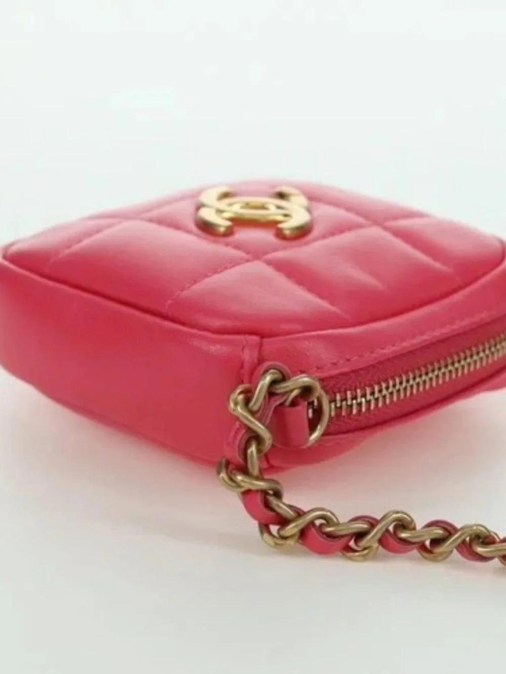 CHANEL Choco Bar Chain Shoulder Pouch Lamb Skin Pink Gold CC Auth LNZ440SAM